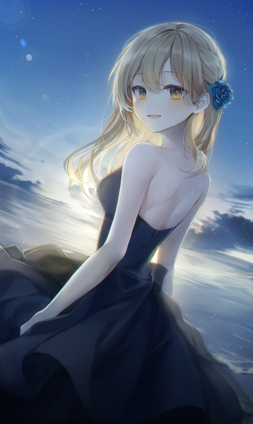 Anime picture 1133x1898 with original solcha single long hair tall image looking at viewer blush fringe breasts open mouth blonde hair smile hair between eyes standing bare shoulders yellow eyes sky cloud (clouds) outdoors :d