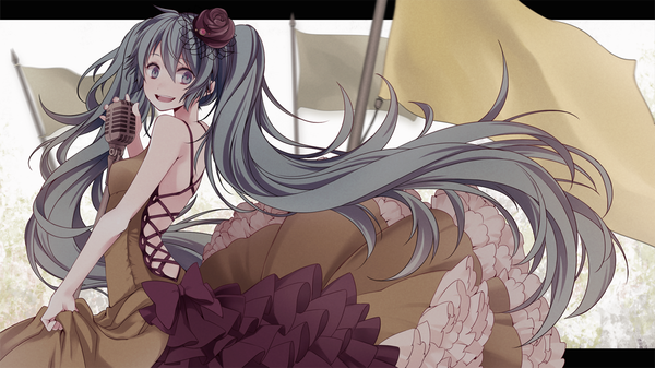 Anime picture 1200x675 with vocaloid hatsune miku wogura single open mouth wide image twintails very long hair aqua eyes aqua hair girl dress flag microphone stand