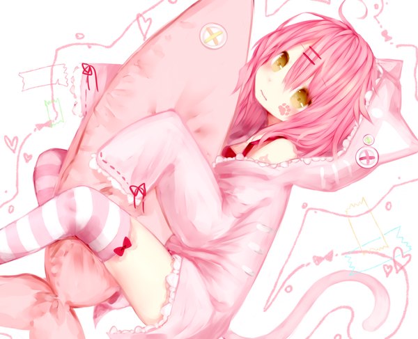 Anime picture 900x731 with nachi single long hair fringe light erotic white background yellow eyes looking away pink hair long sleeves wide sleeves hug messy hair footprints girl thighhighs hair ornament lingerie bra hood