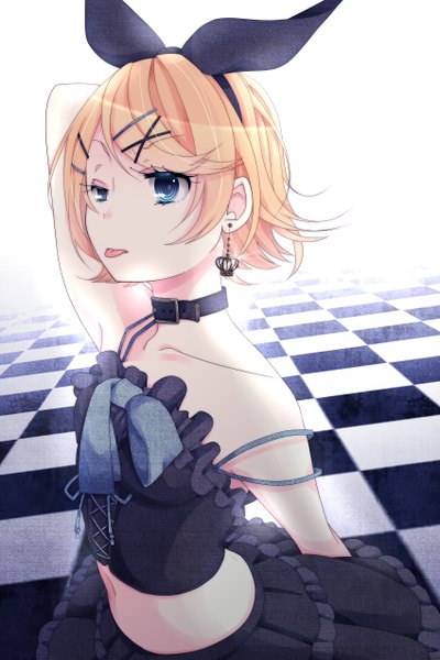 Anime picture 1700x2550 with vocaloid kagamine rin muni (artist) single tall image highres short hair blue eyes blonde hair bare shoulders checkered girl skirt bow hair bow earrings miniskirt tongue crown