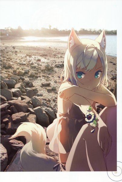 Anime picture 2044x3036 with original h2so4 single tall image fringe highres short hair blue eyes sitting bare shoulders animal ears white hair tail animal tail sunlight fox ears fox tail fox girl sunbeam photo background
