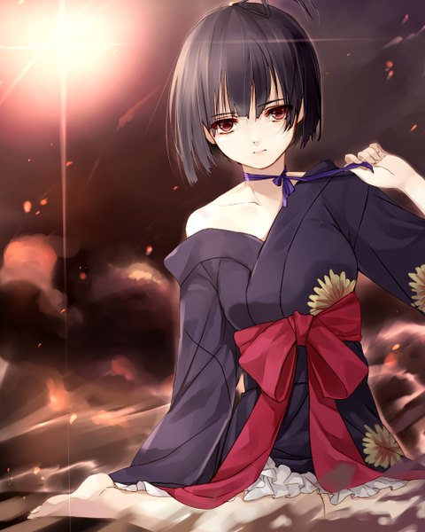 Anime picture 1024x1280 with koutetsujou no kabaneri wit studio mumei (kabaneri) tama (05728) single tall image looking at viewer fringe short hair black hair red eyes sitting bare shoulders ahoge traditional clothes japanese clothes barefoot off shoulder girl ribbon (ribbons)