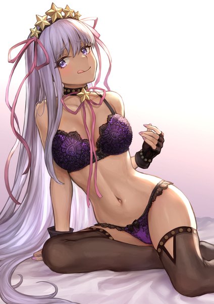 Anime picture 1302x1842 with fate (series) fate/grand order bb (fate) (all) bb (swimsuit mooncancer) (fate) mashuu (neko no oyashiro) single long hair tall image blush fringe breasts light erotic simple background hair between eyes sitting purple eyes bare shoulders looking away purple hair nail polish