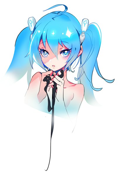Anime picture 750x1116 with vocaloid hatsune miku imp single long hair tall image blush fringe blue eyes light erotic simple background white background twintails bare shoulders blue hair ahoge close-up girl ribbon (ribbons)