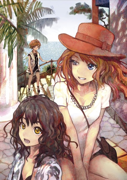 Anime picture 1200x1697 with original madokansuzuki (artist) long hair tall image open mouth blue eyes black hair brown hair multiple girls yellow eyes curly hair girl plant (plants) hat tree (trees) 3 girls palm tree stairs
