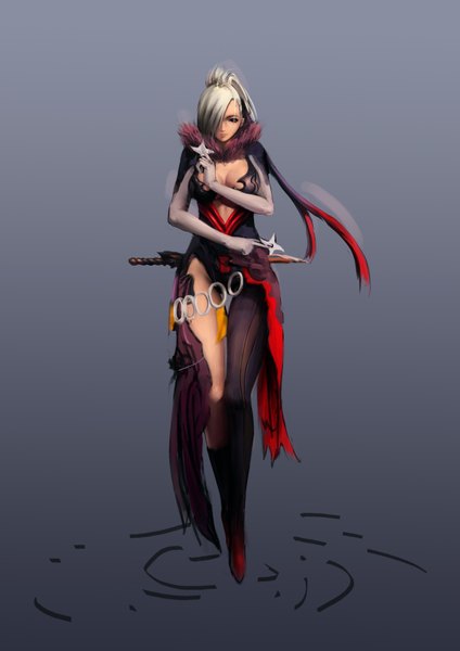 Anime picture 2481x3509 with blade & soul oinari risuru long hair tall image looking at viewer fringe highres breasts light erotic simple background lips black eyes hair over one eye girl weapon