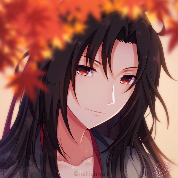 Anime picture 800x800 with mo dao zu shi wei wuxian yiling laozu nellrepca (nellichiyo) single long hair looking at viewer fringe black hair hair between eyes red eyes signed light smile blurry twitter username portrait boy ribbon (ribbons) hair ribbon leaf (leaves)