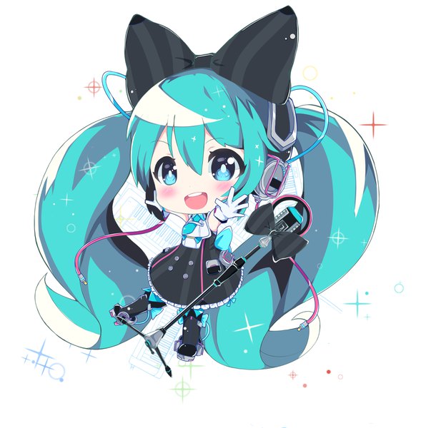 Anime picture 3759x3833 with vocaloid magical mirai (vocaloid) hatsune miku magical mirai miku magical mirai miku (2016) namuya (pixiv5584775) single tall image looking at viewer blush fringe highres open mouth blue eyes simple background hair between eyes white background twintails absurdres full body