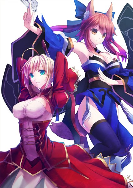 Anime picture 818x1157 with fate (series) fate/stay night fate/extra studio deen type-moon nero claudius (fate) (all) tamamo (fate) (all) nero claudius (fate) tamamo no mae (fate) pen (steelleets) long hair tall image simple background blonde hair white background multiple girls brown eyes animal ears pink hair underbust