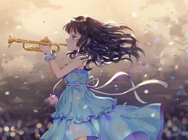 Anime picture 1200x891 with hibike! euphonium kyoto animation kousaka reina dangmill single long hair fringe black hair purple eyes bare shoulders looking away sky cloud (clouds) ahoge profile wind lens flare wavy hair wrist scrunchie backlighting