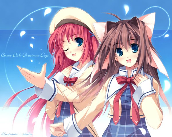 Anime picture 1280x1024 with da capo da capo ii shirakawa kotori asakura otome tagme (artist) long hair looking at viewer fringe open mouth blue eyes hair between eyes brown hair multiple girls payot pink hair upper body ahoge one eye closed wallpaper hand on chest