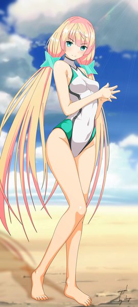 Anime picture 1124x2500 with expelled from paradise angela balzac shugo19 single tall image looking at viewer fringe breasts light erotic blonde hair hair between eyes twintails signed sky cloud (clouds) full body very long hair aqua eyes shadow beach