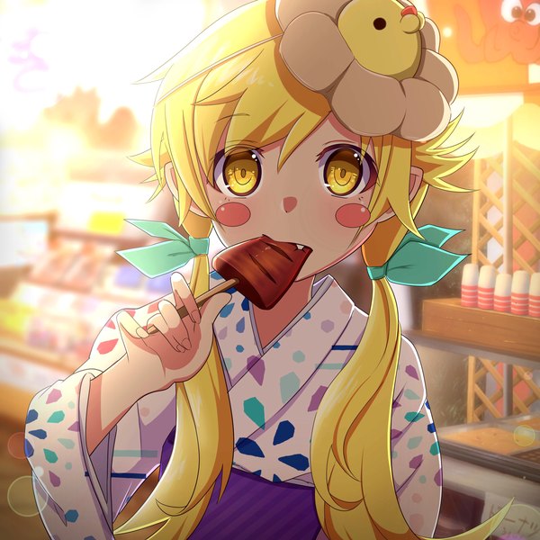Anime picture 2894x2894 with bakemonogatari shaft (studio) monogatari (series) oshino shinobu drawdream1025 single long hair looking at viewer highres blonde hair twintails holding yellow eyes traditional clothes japanese clothes blurry fang (fangs) mouth hold low twintails eating