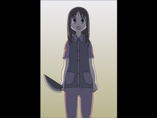 Anime picture 1600x1200 with azumanga daioh j.c. staff kasuga ayumu single long hair looking at viewer open mouth simple background standing :d pillarboxed polychromatic girl knife
