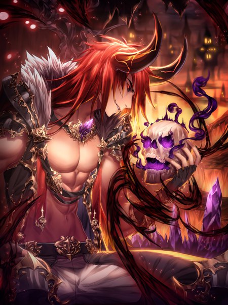 Anime picture 3000x4000 with original black joa single long hair tall image looking at viewer highres smile red eyes sitting holding red hair parted lips profile horn (horns) light smile open clothes bare belly shadow fur trim