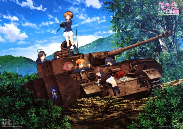 Anime picture 8184x5797 with girls und panzer nishizumi miho akiyama yukari takebe saori reizei mako isuzu hana sugimoto isao highres open mouth black hair brown hair standing sitting multiple girls brown eyes looking away absurdres sky cloud (clouds) full body