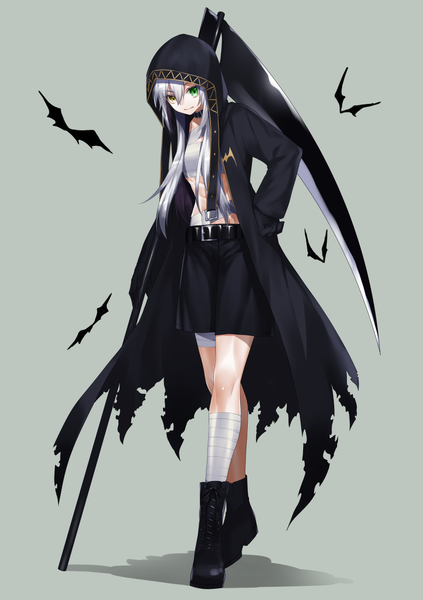 Anime picture 900x1275 with original dodome ichika waka (shark waka) single long hair tall image looking at viewer breasts simple background standing holding brown eyes green eyes silver hair full body head tilt light smile grey background open clothes shadow