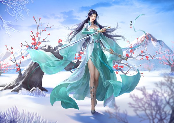 Anime-Bild 2121x1500 mit battle through the heavens (manhua) yun yun (doupo cangqiong) fan xiu single long hair looking at viewer fringe highres breasts blue eyes standing holding signed blue hair sky cleavage cloud (clouds) full body outdoors long sleeves
