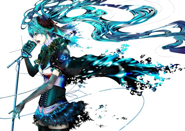 Anime picture 4093x2894 with vocaloid hatsune miku bouno satoshi long hair highres blue eyes absurdres green hair pale skin girl gloves hair ornament earrings elbow gloves jewelry microphone corset microphone stand