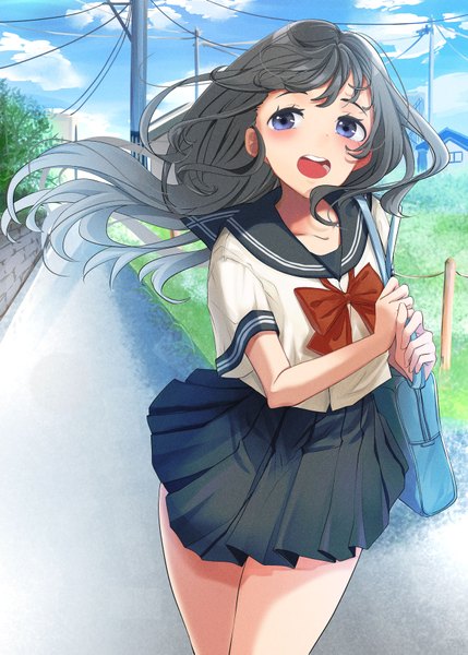Anime picture 1296x1813 with original amaimomo single long hair tall image blush fringe open mouth black hair smile purple eyes holding payot looking away sky cloud (clouds) outdoors :d pleated skirt wind