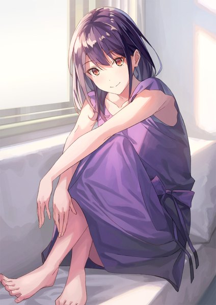 Anime picture 1131x1600 with original koh rd single long hair tall image looking at viewer blush fringe smile hair between eyes sitting brown eyes payot purple hair full body indoors barefoot sleeveless crossed legs girl