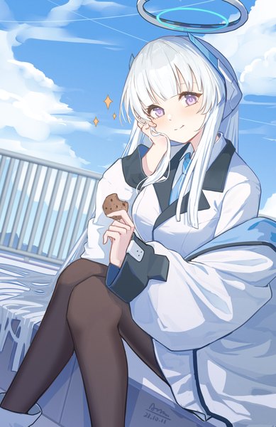 Anime-Bild 3274x5052 mit blue archive noa (blue archive) chiyo akira single long hair tall image looking at viewer fringe highres purple eyes absurdres sky cloud (clouds) white hair head tilt head rest girl pantyhose food sweets