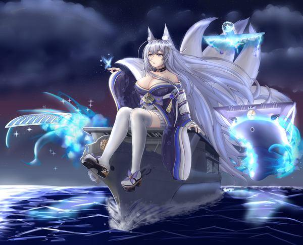 Anime picture 3969x3208 with azur lane shinano (azur lane) musanix single fringe highres breasts blue eyes light erotic large breasts sitting animal ears looking away absurdres cleavage silver hair cloud (clouds) full body bent knee (knees) outdoors