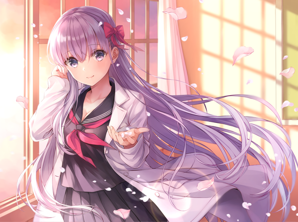 Anime picture 1000x748 with fate (series) fate/stay night matou sakura yumesaki single long hair looking at viewer blush fringe hair between eyes standing purple eyes purple hair indoors pleated skirt fingernails light smile wind open clothes open shirt