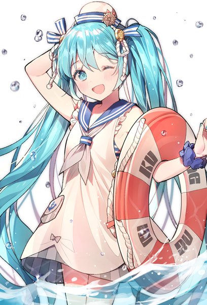 Anime picture 1205x1772 with vocaloid hatsune miku azit (down) single tall image looking at viewer blush open mouth standing twintails very long hair aqua eyes aqua hair arm behind head ;d sailor collar wrist scrunchie taito four seasons figure (vocaloid) girl hat