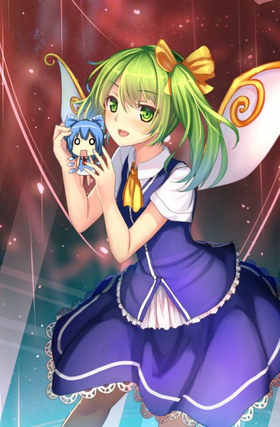 Anime picture 944x1440 with touhou cirno daiyousei musynexsk single tall image short hair open mouth green eyes green hair one side up girl dress bow hair bow wings