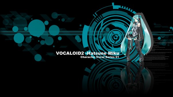 Anime picture 1920x1080 with vocaloid hatsune miku highres wide image twintails very long hair green hair black background girl thighhighs detached sleeves