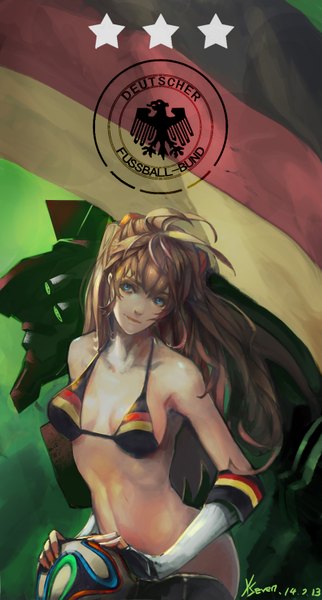 Anime picture 1747x3250 with neon genesis evangelion gainax world cup 2014 fifa world cup soryu asuka langley eva 02 xseven single long hair tall image blush highres blue eyes light erotic brown hair bare shoulders looking away light smile censored bare belly
