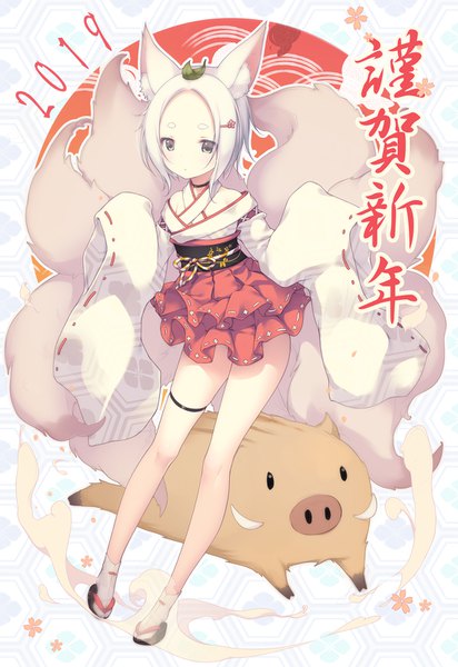 Anime picture 1100x1600 with original shokuyou mogura single tall image looking at viewer blush short hair standing animal ears full body white hair tail traditional clothes japanese clothes animal tail off shoulder wide sleeves grey eyes fox ears fox tail