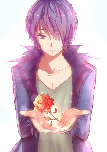 Anime picture 1889x2669 with ib (game) garry (ib) honya1 single tall image looking at viewer fringe highres short hair simple background standing white background purple eyes purple hair long sleeves light smile hair over one eye open clothes boy flower (flowers)