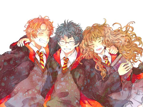 Anime picture 1600x1200 with harry potter hermione granger harry potter (character) ron weasley moonbreak long hair blush short hair open mouth black hair simple background smile brown hair white background red hair eyes closed happy group freckles curly hair