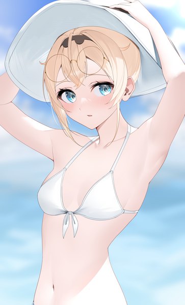Anime picture 3392x5600 with virtual youtuber hololive kazama iroha ryuya single tall image looking at viewer blush highres short hair open mouth blue eyes light erotic blonde hair standing payot absurdres sky cloud (clouds) upper body