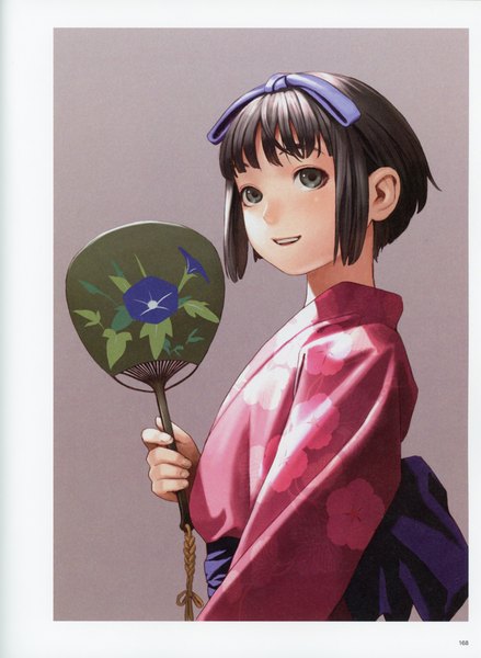 Anime-Bild 5092x6966 mit futurelog (artbook) range murata single tall image looking at viewer highres short hair open mouth black hair simple background smile holding payot absurdres upper body traditional clothes :d japanese clothes scan grey background