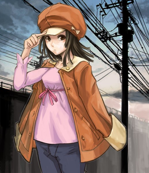 Anime picture 804x931 with bakemonogatari shaft (studio) monogatari (series) sengoku nadeko yato (pondel) single long hair tall image blush black hair standing brown eyes looking away sky cloud (clouds) outdoors clothes on shoulders adjusting hat girl power lines