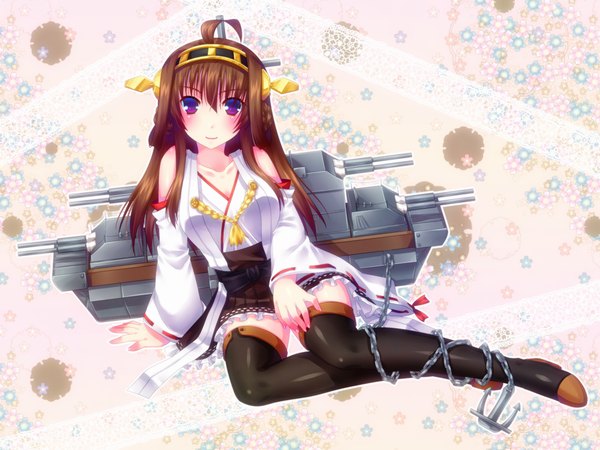 Anime picture 1000x750 with kantai collection kongou battleship door to heaven single long hair looking at viewer blush brown hair purple eyes ahoge light smile nontraditional miko girl hair ornament weapon detached sleeves thigh boots anchor