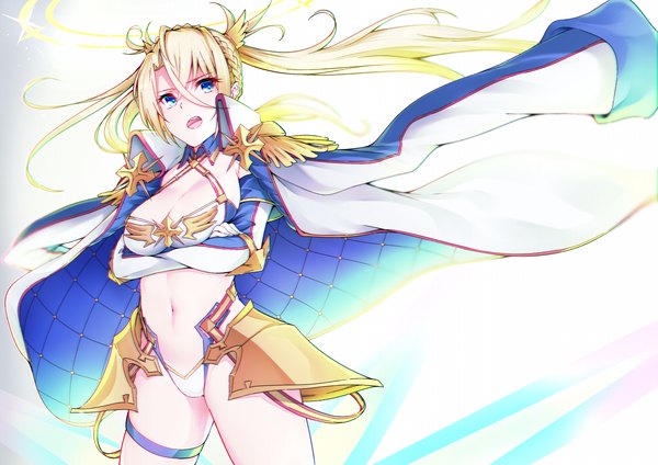 Anime picture 1500x1061 with fate (series) fate/grand order bradamante (fate/grand order) yuu-kun (linke hand) single long hair looking at viewer fringe breasts open mouth blue eyes light erotic simple background blonde hair hair between eyes standing white background twintails ahoge braid (braids)