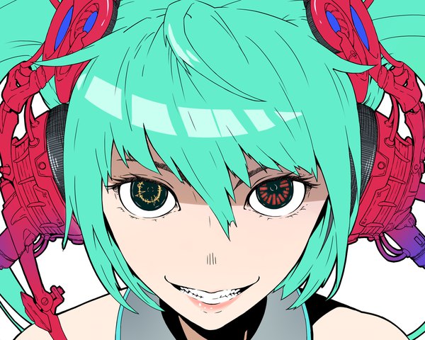 Anime picture 1500x1200 with vocaloid hatsune miku jaco single long hair looking at viewer fringe simple background smile hair between eyes red eyes white background twintails yellow eyes lips black eyes aqua hair heterochromia grin close-up