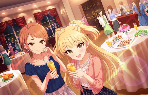 Anime picture 1280x824 with idolmaster idolmaster cinderella girls jougasaki rika houjou karen long hair blush short hair open mouth blonde hair smile brown hair multiple girls brown eyes yellow eyes looking away two side up girl dress 2 girls food