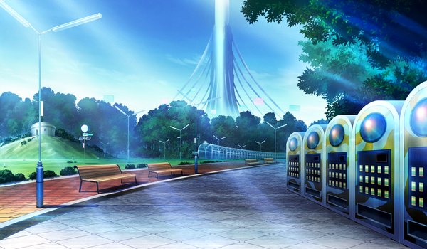 Anime picture 2020x1180 with reminiscence tomose shunsaku highres wide image game cg sky cloud (clouds) no people landscape plant (plants) tree (trees) bench road