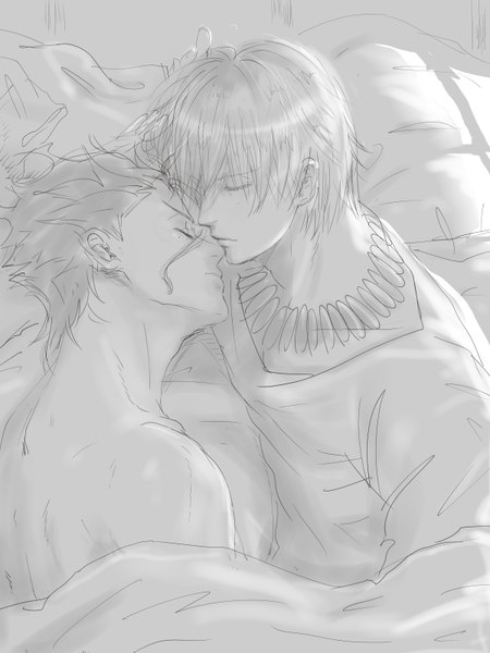 Anime picture 600x800 with fate (series) fate/zero gilgamesh (fate) diarmuid ua duibhne (lancer) (fate) saryo tall image fringe short hair bare shoulders lying eyes closed profile multiple boys couple monochrome face to face shounen ai sketch boy bed