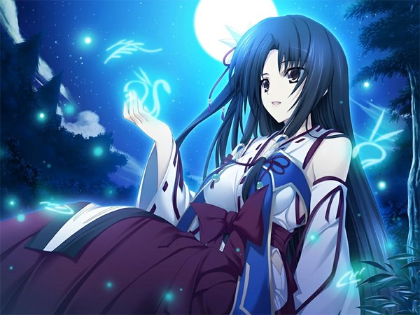 Anime picture 1024x768 with shiden enkan no kizuna (game) long hair black hair brown eyes game cg night miko girl moon