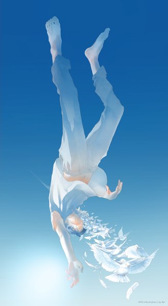 Anime picture 690x1256 with original re (artist) single tall image short hair signed blue hair sky barefoot sunlight no shoes outstretched arm flying upside down falling boy animal bird (birds) feather (feathers) sun