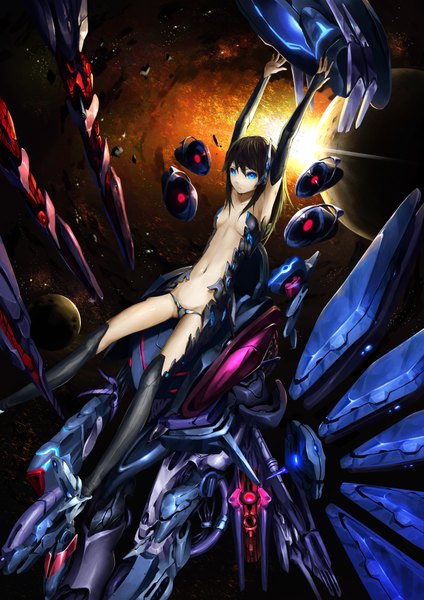 Anime picture 1240x1754 with original solru (tyappygain) single long hair tall image looking at viewer breasts blue eyes light erotic black hair bare belly space mecha musume girl navel underwear panties planet machine