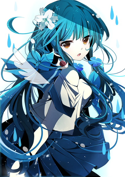 Anime picture 1656x2340 with original fumiko (miruyuana) single long hair tall image looking at viewer fringe open mouth blue hair hair flower black eyes turning head hands behind back angel wings girl skirt uniform hair ornament flower (flowers) school uniform