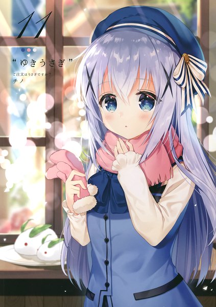 Anime picture 2089x2961 with gochuumon wa usagi desu ka? white fox kafuu chino necomi (gussan) single long hair tall image looking at viewer blush fringe highres open mouth blue eyes hair between eyes standing holding payot silver hair upper body indoors