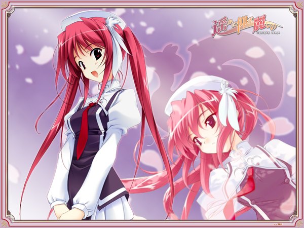 Anime picture 1600x1200 with haruka ni aogi uruwashi no nire sumika fujiwara warawara single long hair open mouth smile red eyes twintails red hair girl skirt uniform school uniform hat